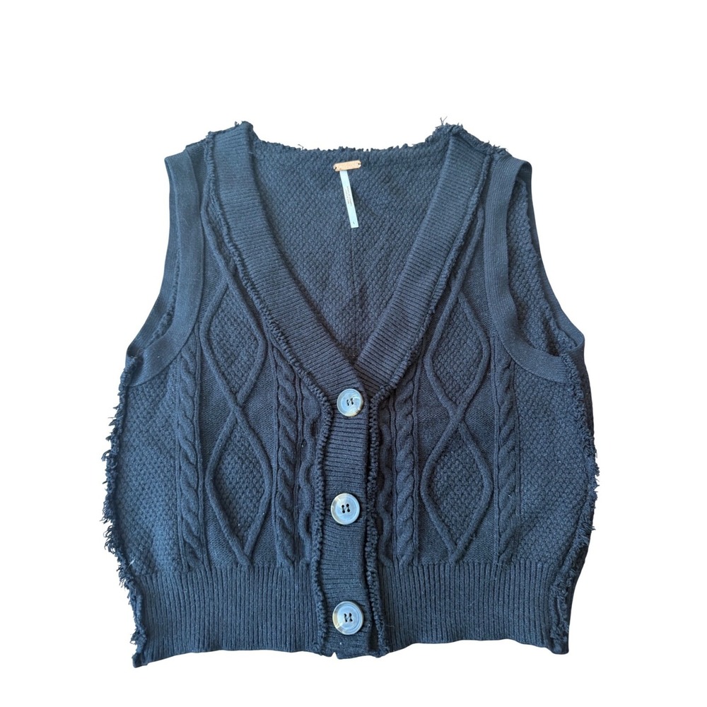 Free People Black Cable Knit Sweater Vest V-Neck Button Front Frayed Edge Large